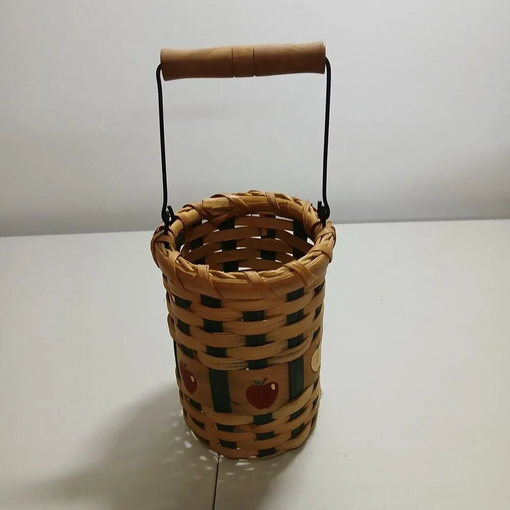 Set of 3 Hand Woven Rattan Wicker Apple Themed Baskets with Wood & Metal Handles